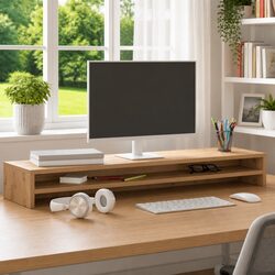 Monitor Stand Riser Engineered Wood Desktop TV Riser with Storage Shelf Oak