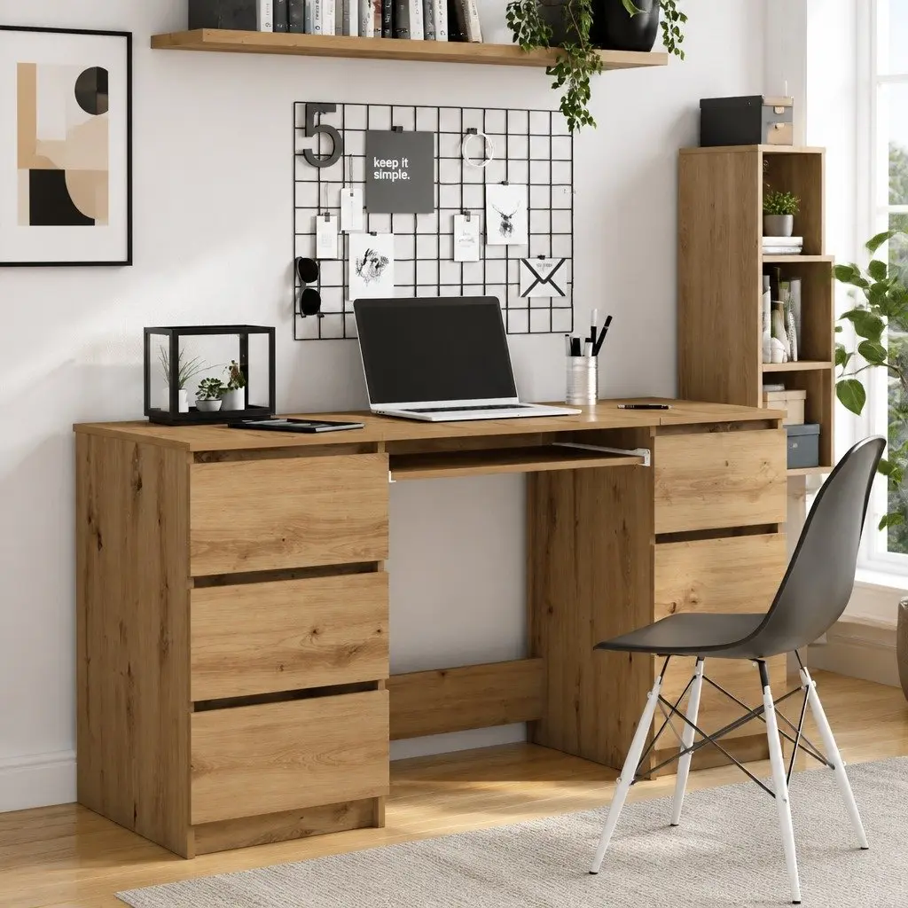 Writing Desk Brown Engineered Wood 140 x 50 x 77 cm with 6 Drawers