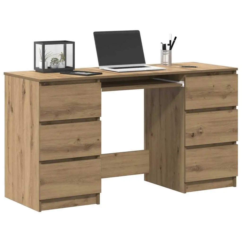 Writing Desk Brown Engineered Wood 140 x 50 x 77 cm with 6 Drawers