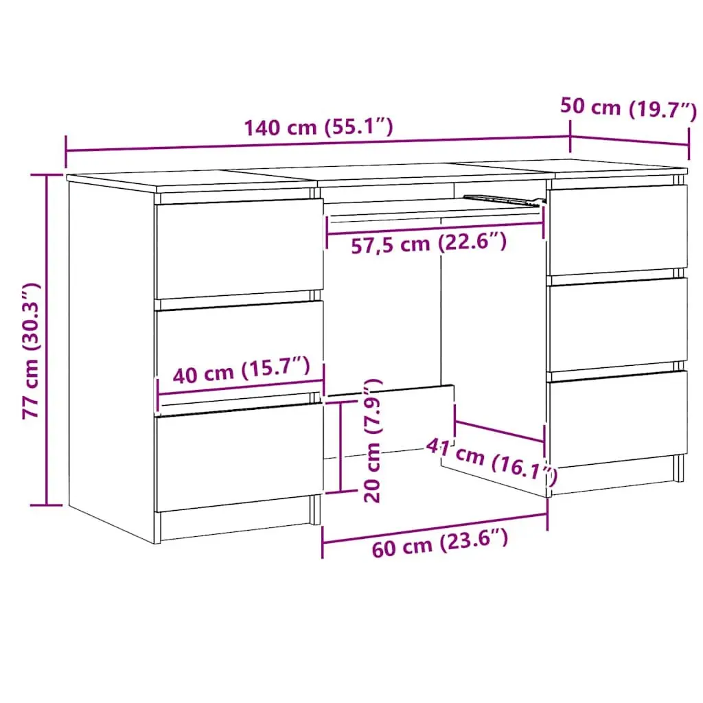Writing Desk Brown Engineered Wood 140 x 50 x 77 cm with 6 Drawers