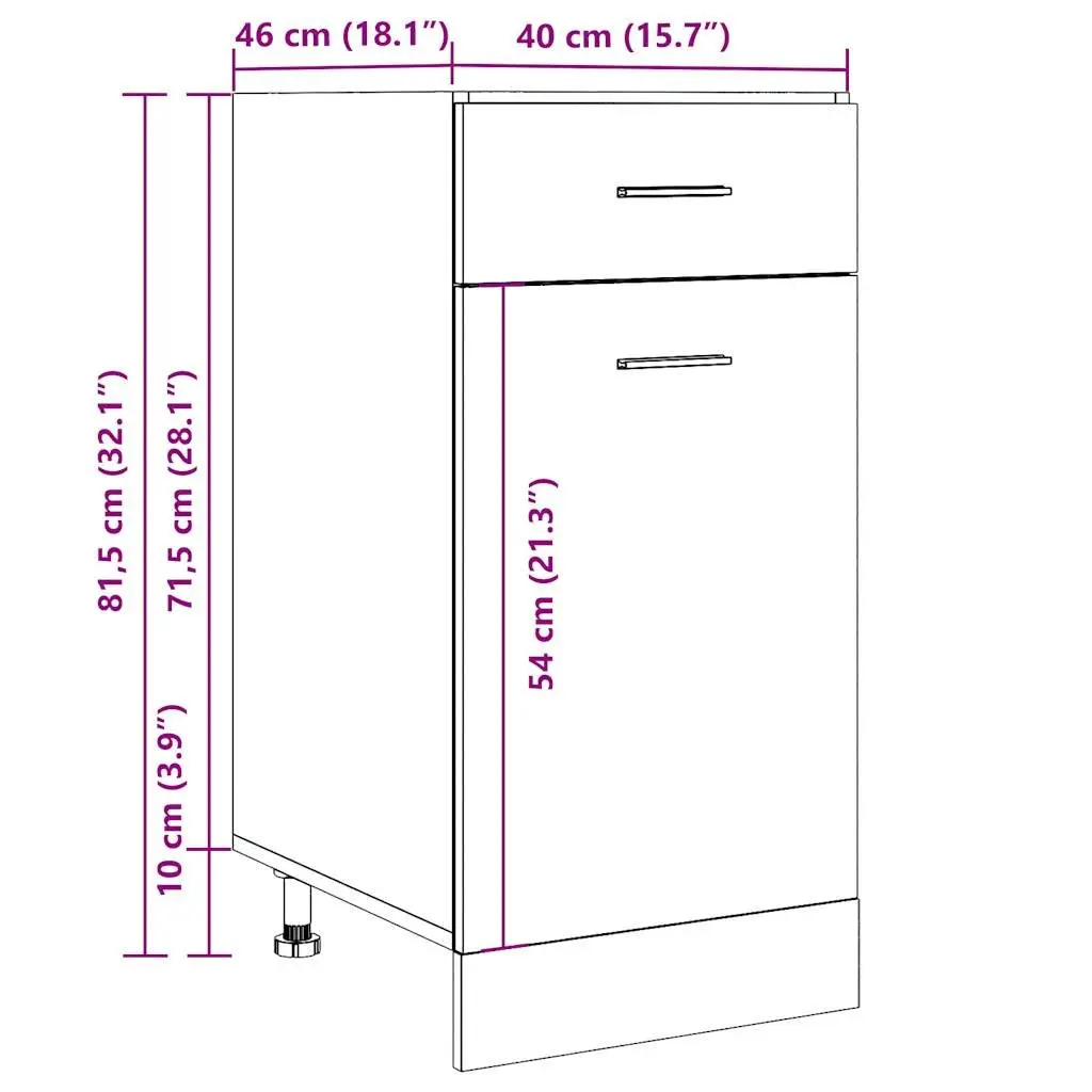 Kitchen Cabinet Grey Drawer Bottom Storage Unit 1 Drawer 2 Compartments 40 x 46 x 81.5 cm