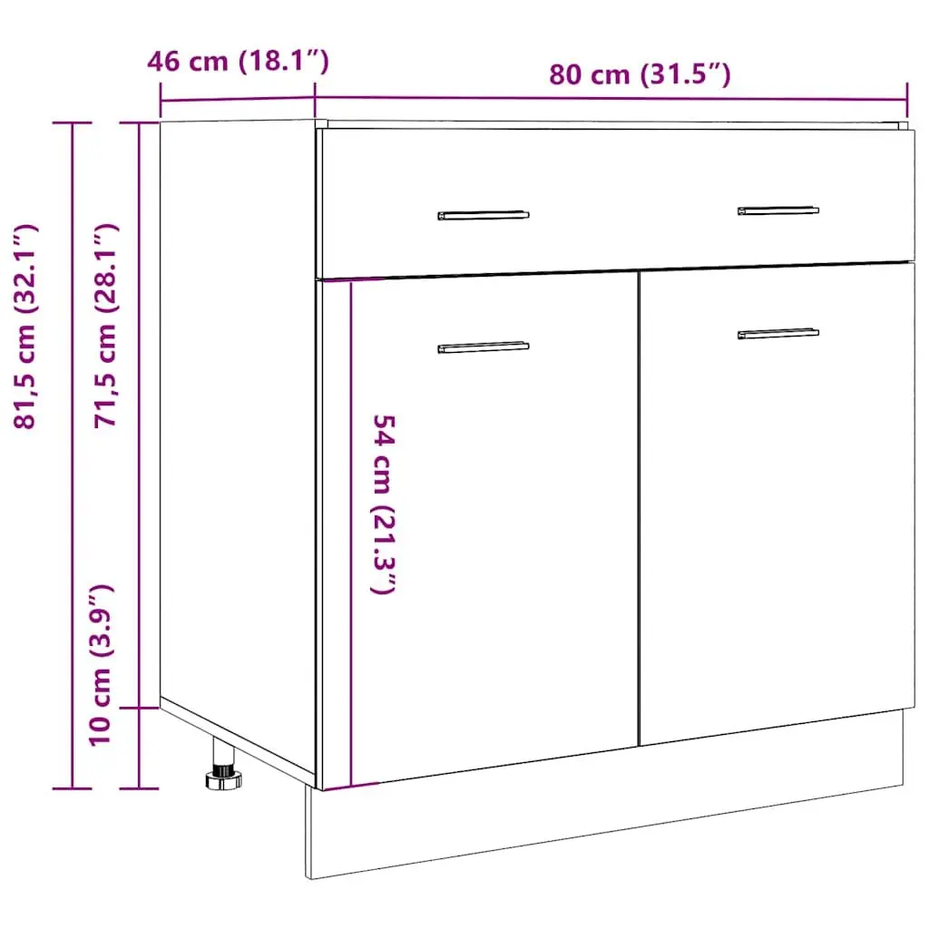 Drawer Bottom Cabinet Grey Kitchen Storage Unit 1 Drawer 2 Compartments 80W x 46D x 81.5H cm
