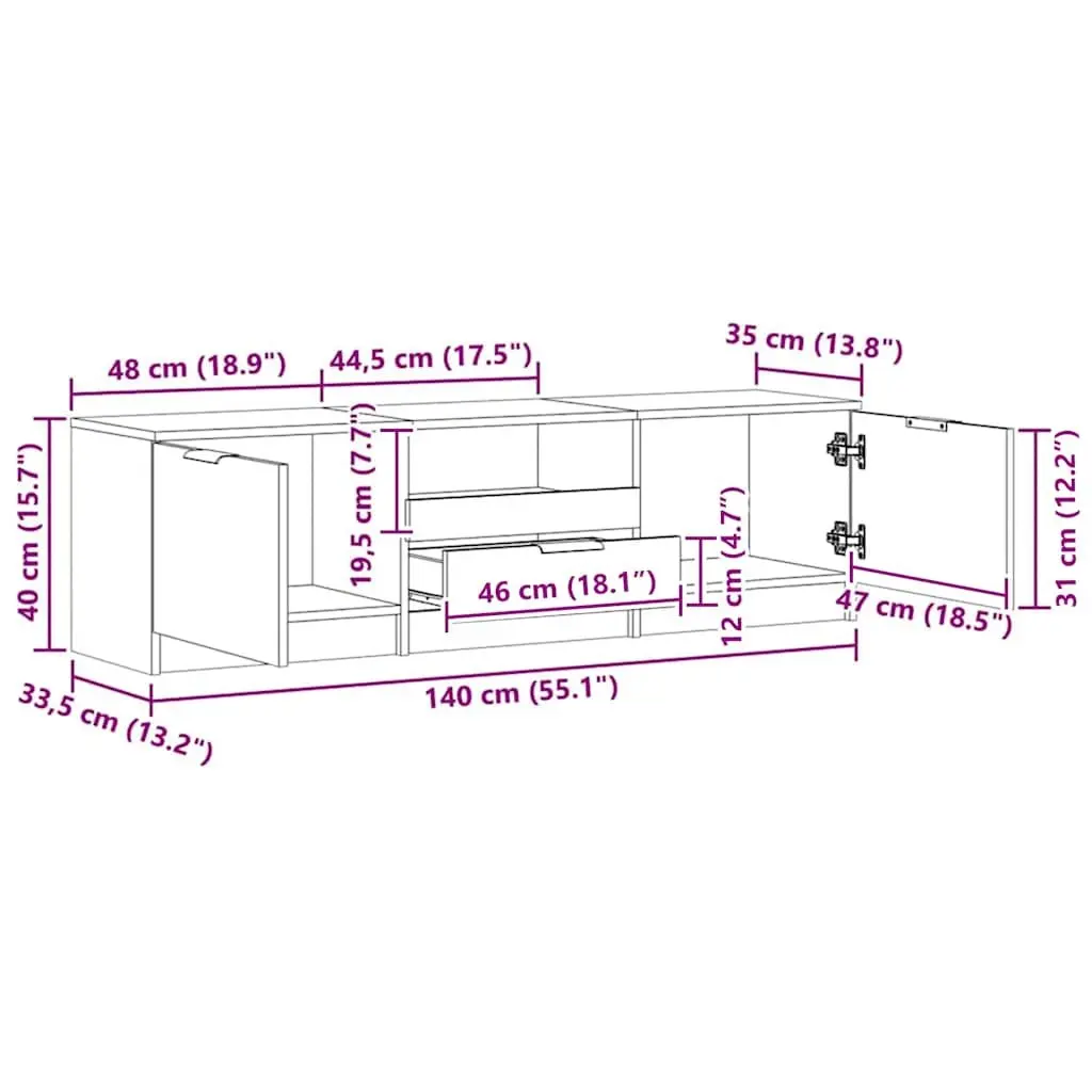 TV Cabinet Engineered Wood Brown Living Room Storage Unit 140x35x40cm