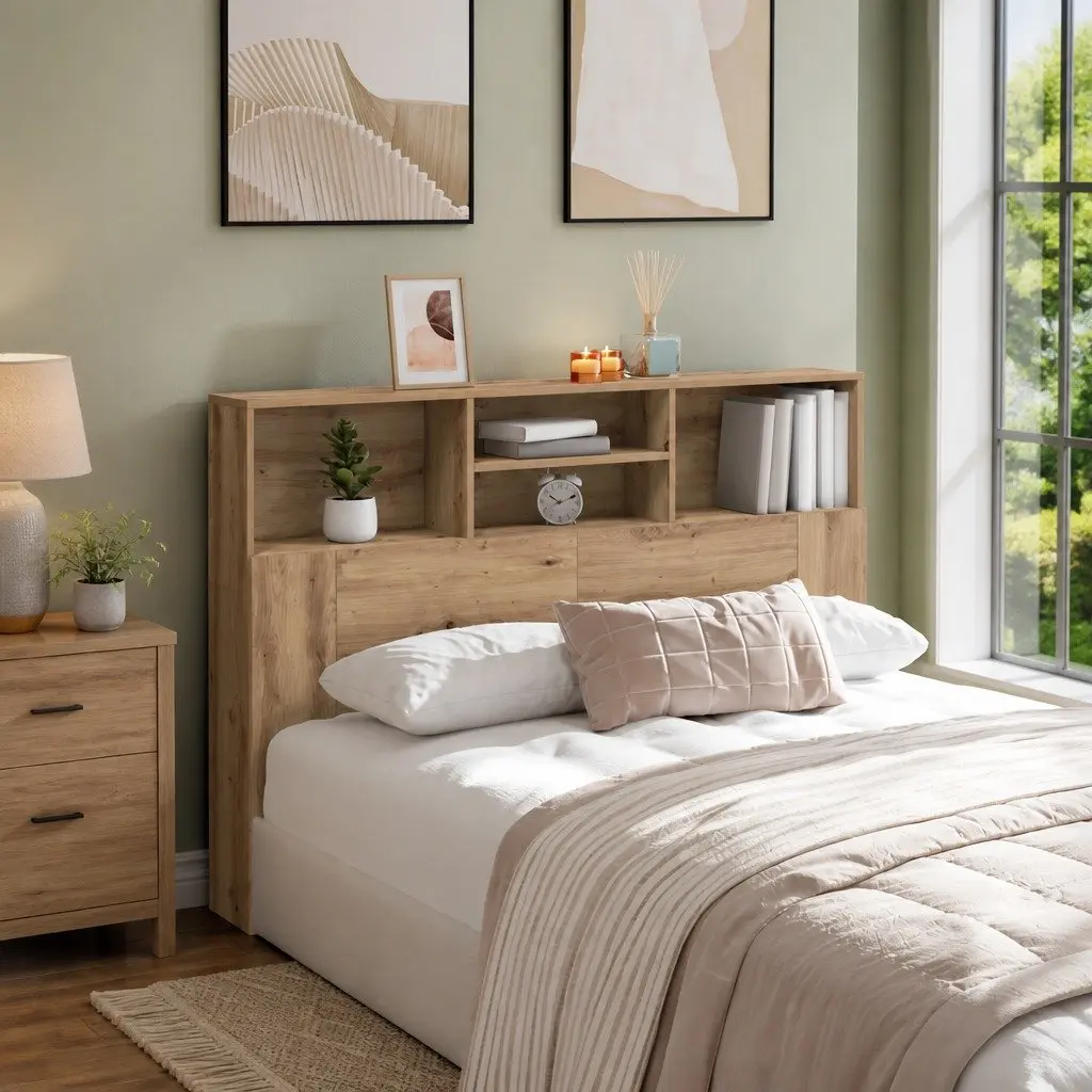 Brown Wall-Mounted Headboard Cabinet