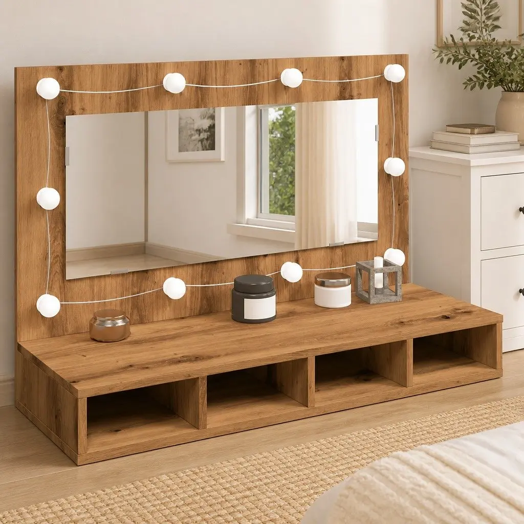 Bathroom Mirror Cabinet LED Brown Engineered Wood Wall Mounted 90 x 31.5 x 62 cm