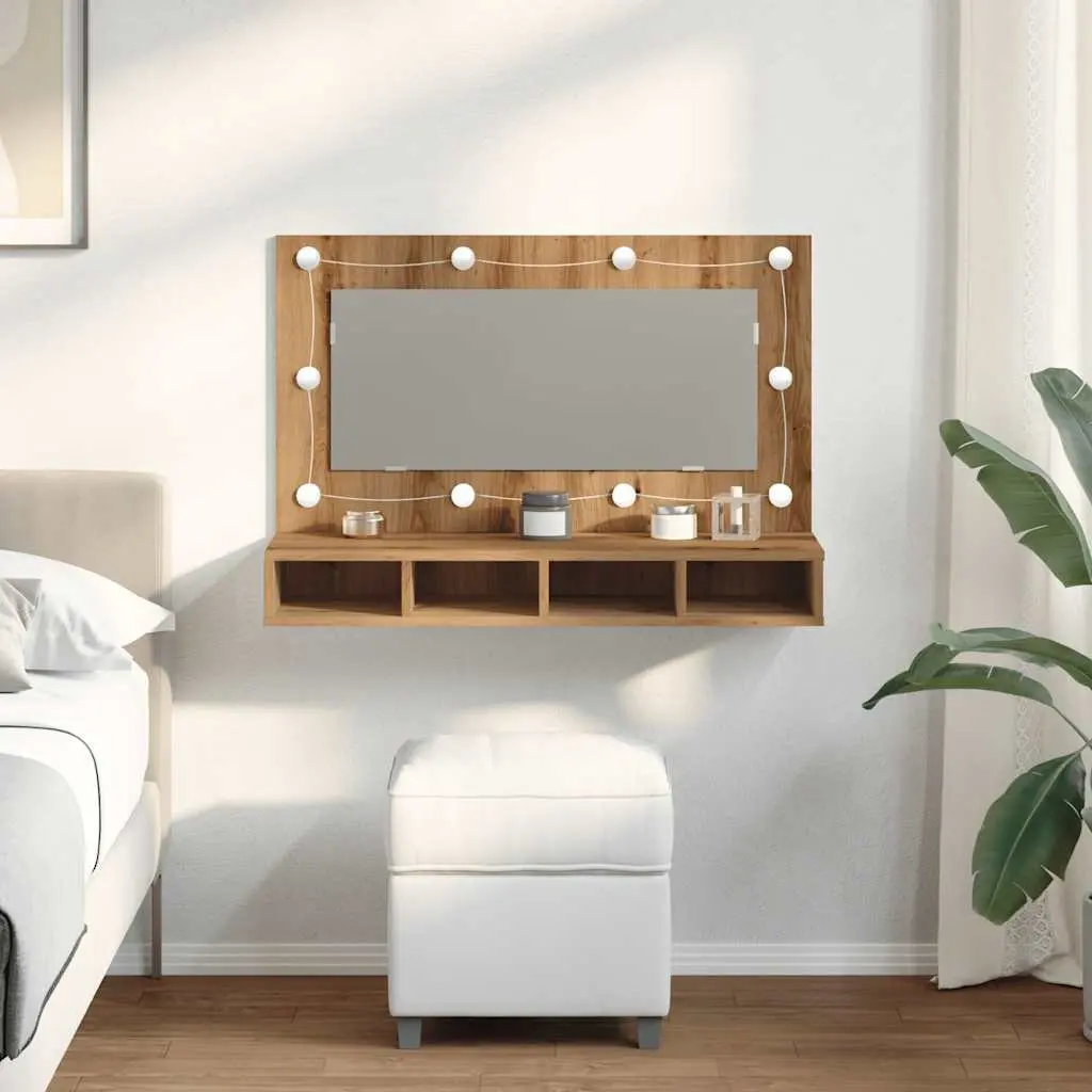 Bathroom Mirror Cabinet LED Brown Engineered Wood Wall Mounted 90 x 31.5 x 62 cm