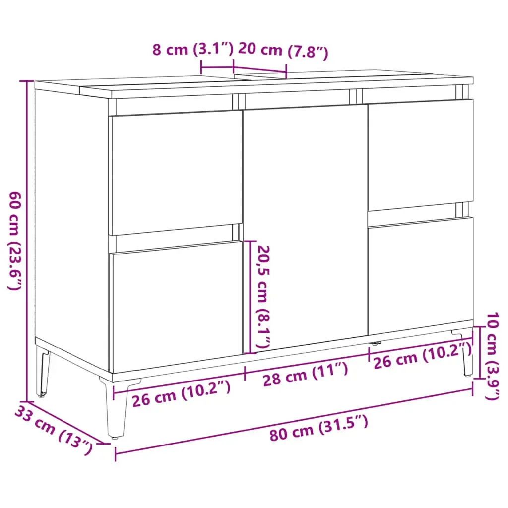 Bathroom Sink Cabinet Storage Unit Grey 80x33x60cm 4 Drawers