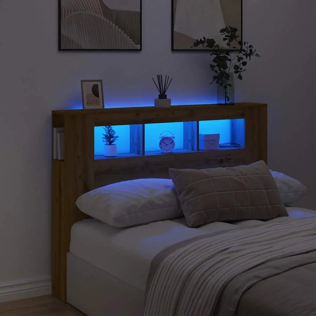 LED Headboard Brown Engineered Wood Modern Bedroom Furniture with RGB Lights 140 x 18.5 x 103.5 cm