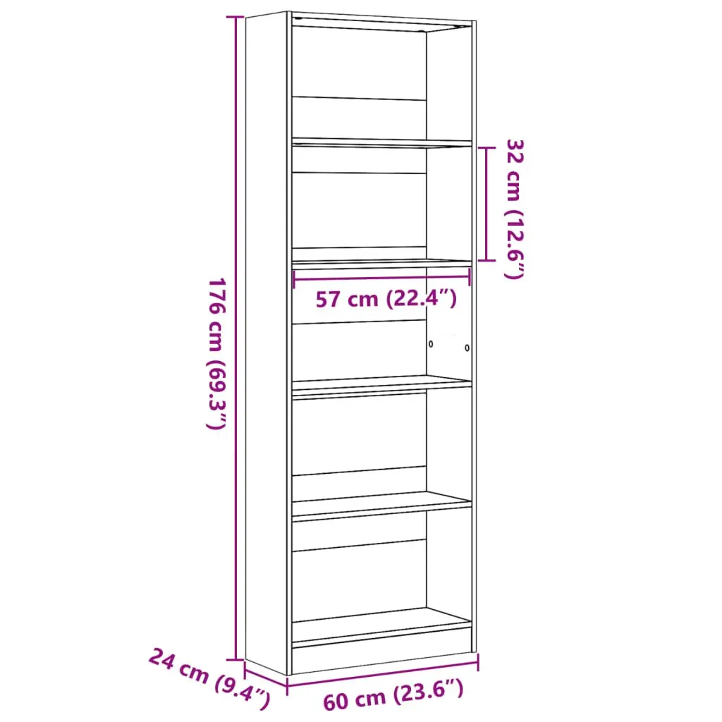 Bookcase Open Shelving White 60x24x176 cm Storage Cabinet Home Office Organiser