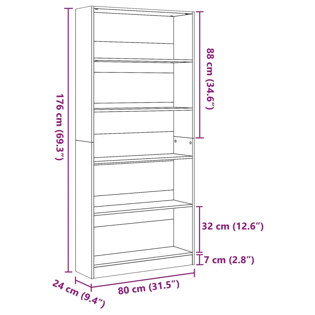 Bookcase Open Shelving Storage Cabinet Engineered Wood Sonoma Oak 80x24x176cm