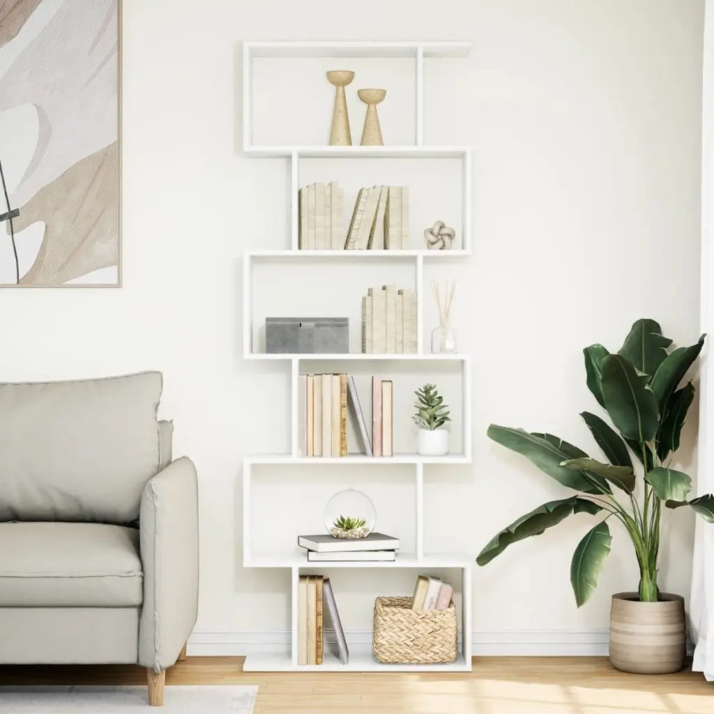 Room Divider Bookcase 6-Tier Staggered White 70x24x193 cm Standing Storage Shelf