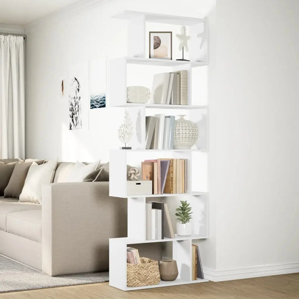 Room Divider Bookcase 6-Tier Staggered White 70x24x193 cm Standing Storage Shelf