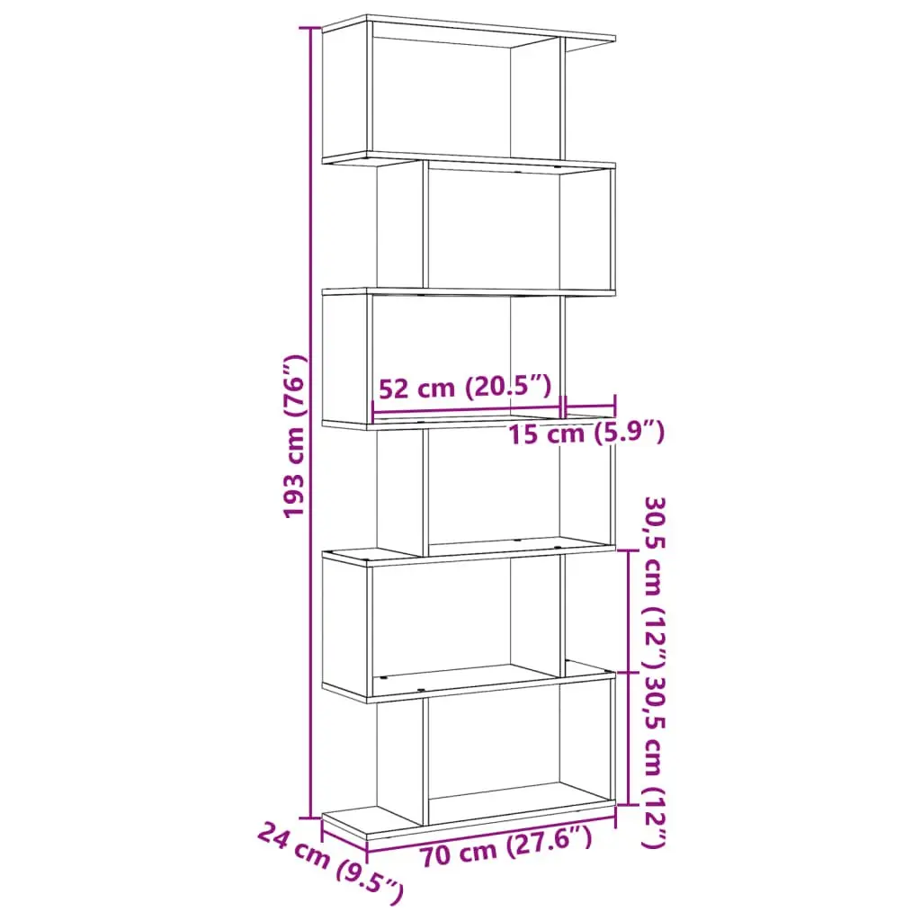 Room Divider Bookcase 6-Tier Staggered White 70x24x193 cm Standing Storage Shelf