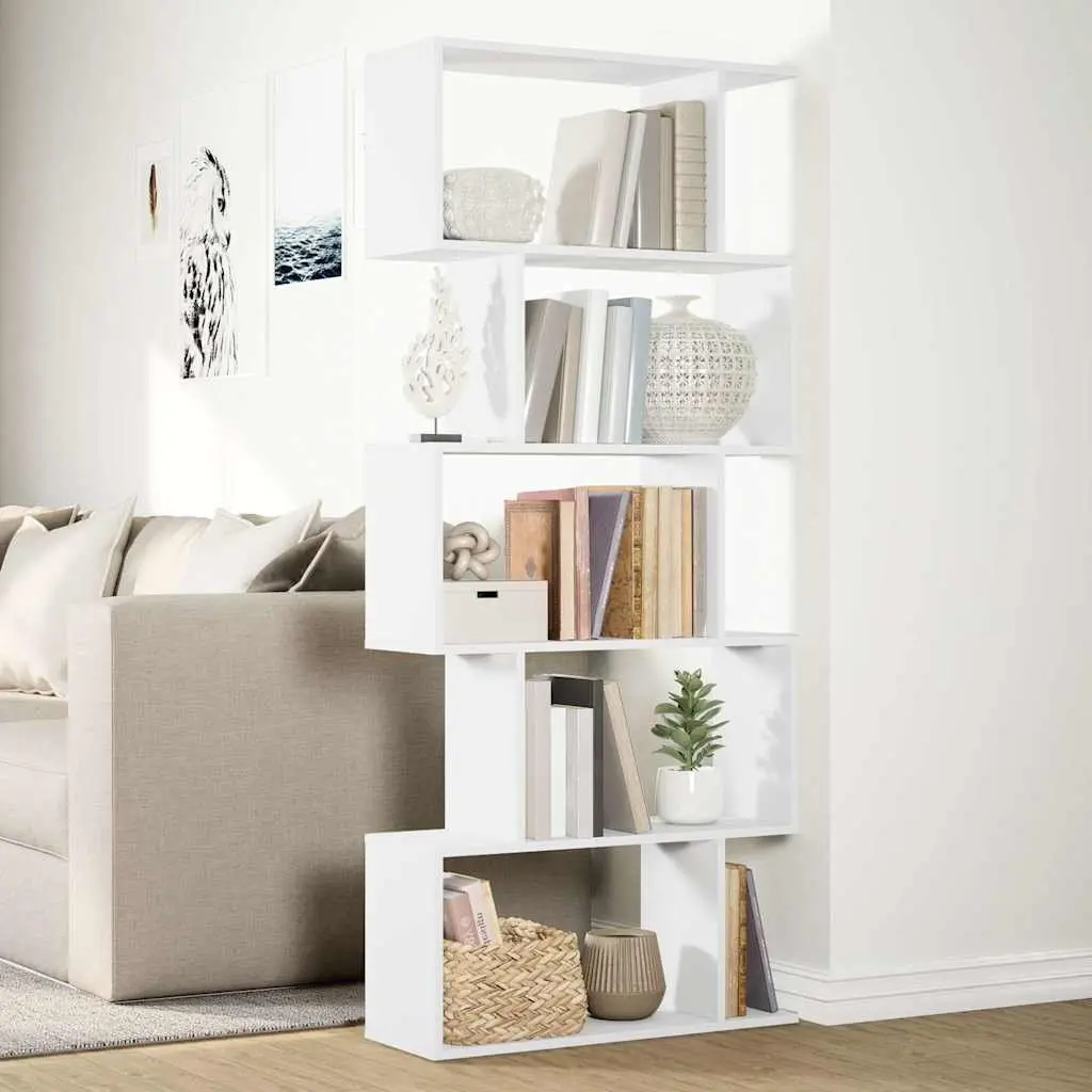 Room Divider Bookcase 5-Tier White Engineered Wood Shelving Unit 70x24x161cm