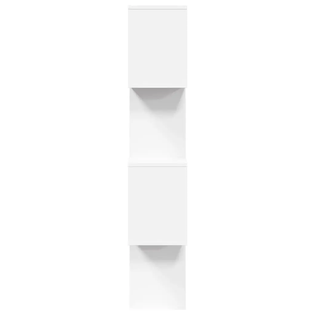4-Tier Room Divider Bookcase Staggered Compartment White Engineered Wood Shelving Unit