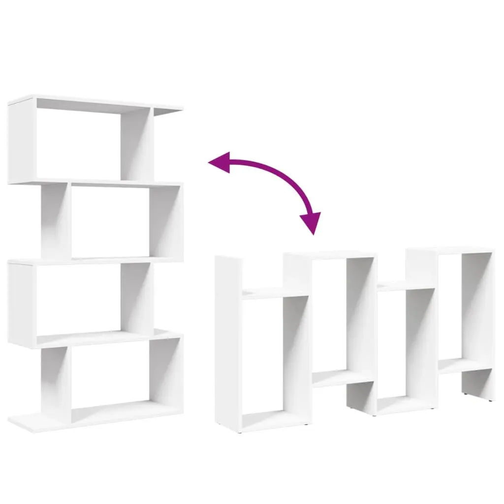 4-Tier Room Divider Bookcase Staggered Compartment White Engineered Wood Shelving Unit