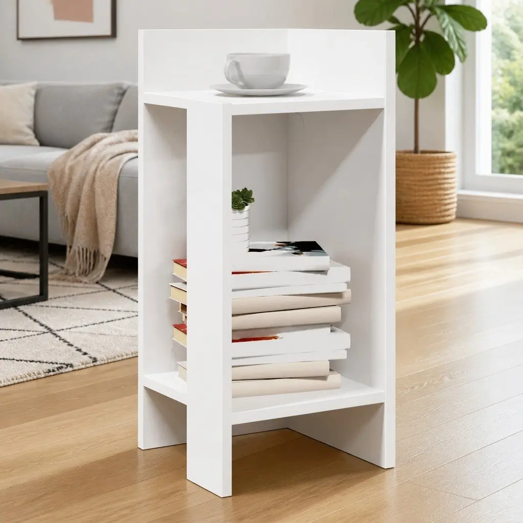 End Table Open Shelf White Minimalist 25.5 x 27 x 60 cm