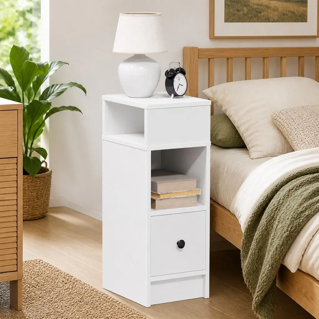 Bedside Cabinet White with Drawer and Open Compartments 25x31x66cm