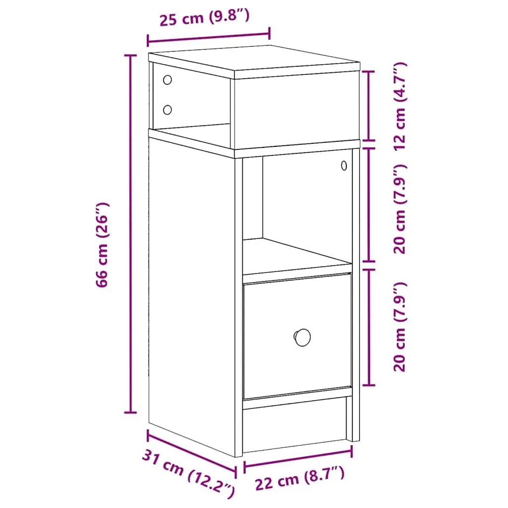 Bedside Cabinet White with Drawer and Open Compartments 25x31x66cm