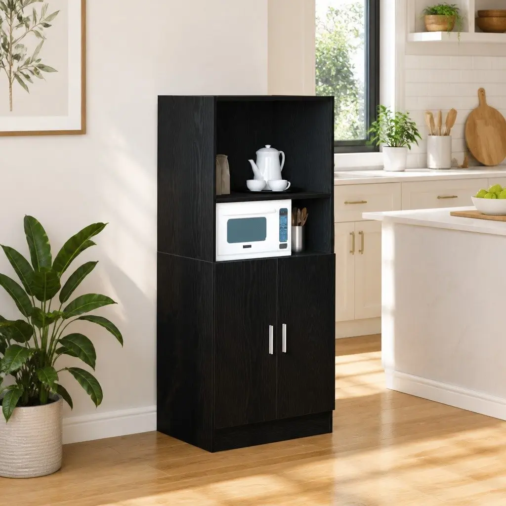 Engineered Wood Kitchen Cabinet Black Storage Organizer with Doors 57x41.5x131.5cm