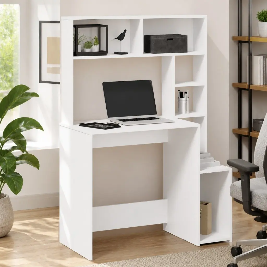 White Desk with Shelves Storage Engineered Wood 100W x 45D x 140H cm