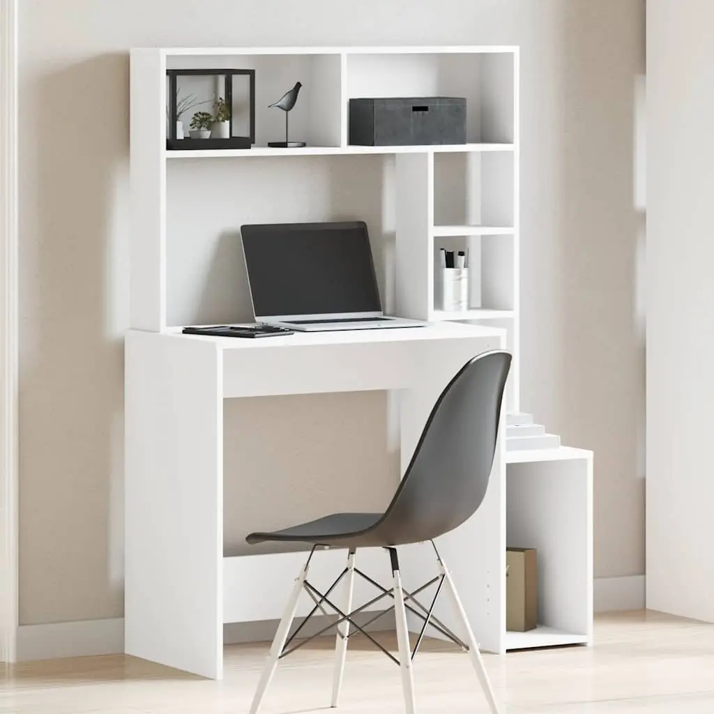 White Desk with Shelves Storage Engineered Wood 100W x 45D x 140H cm