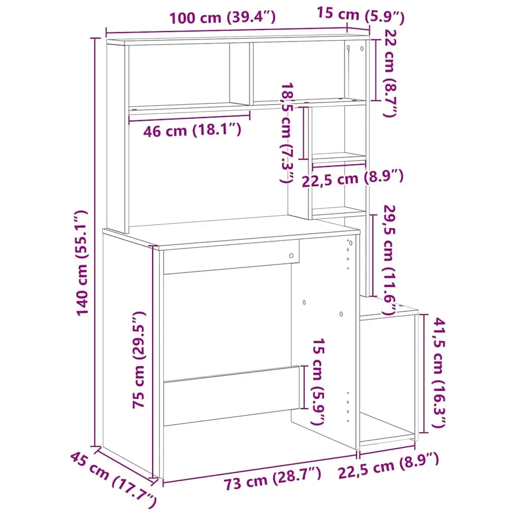 White Desk with Shelves Storage Engineered Wood 100W x 45D x 140H cm
