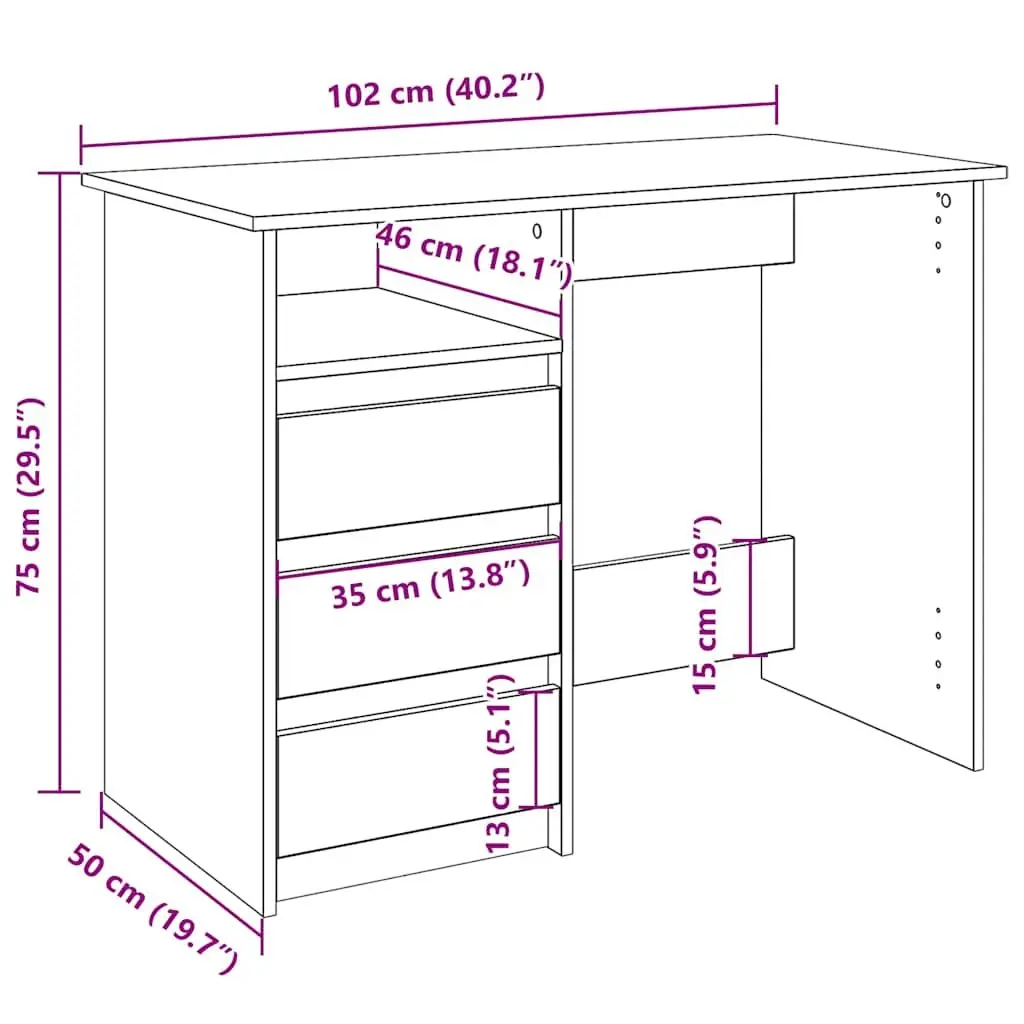 Writing Desk Spacious Work Surface 102L x 50W x 75H cm Sonoma Oak Engineered Wood