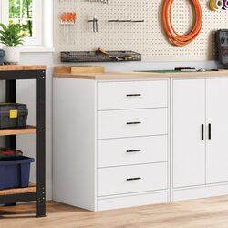 Garage Storage Cabinet White 60x51x85cm Wooden Tool Organizer 4 Drawers Worktop