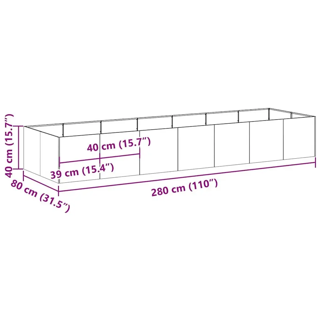 Galvanised Steel Planter 280x80x40cm for Outdoors
