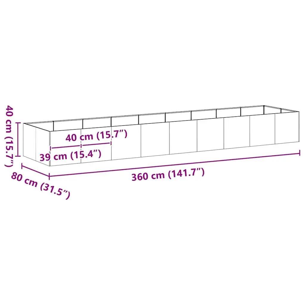 Raised Garden Planter Box Anthracite Steel Open Bottom 360x80x40cm