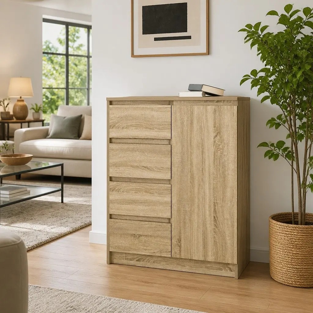 Sideboard Storage Cabinet with Drawers and Door Brown Engineered Wood 71W x 35D x 84H cm