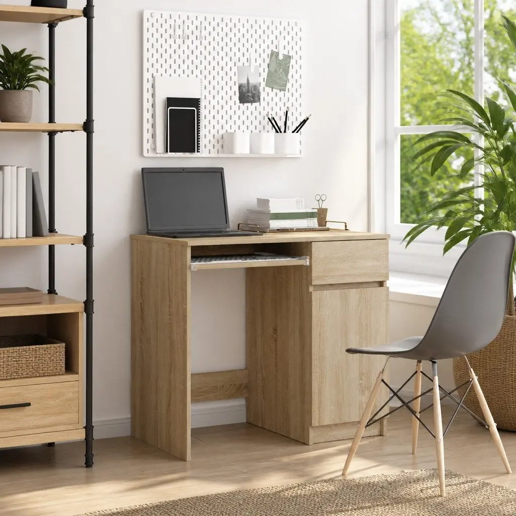 Engineered Wood Office Desk with Drawer Door Shelf Brown 86x49x76cm