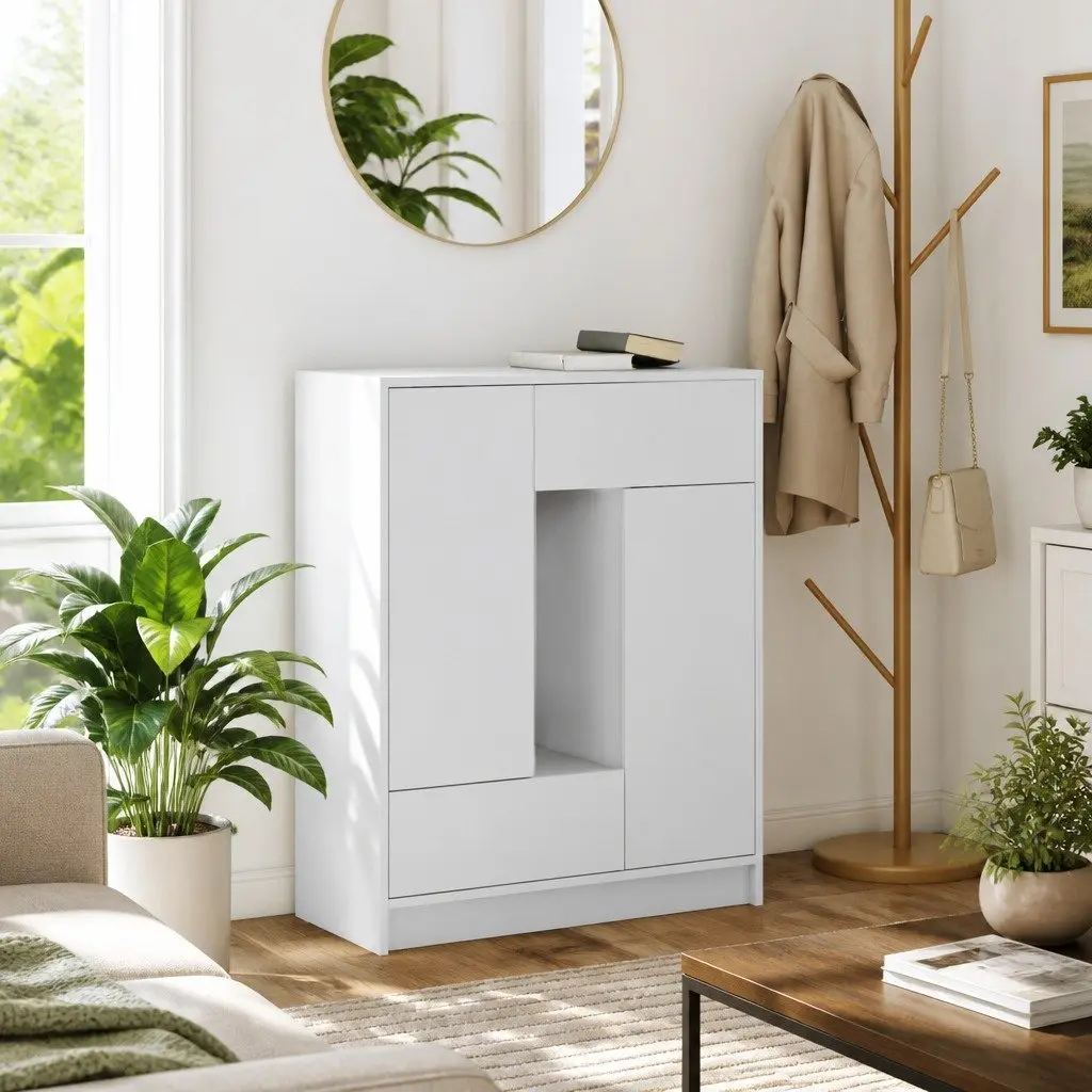 White Sideboard Buffet Cabinet with Doors and Drawers 73cm Width