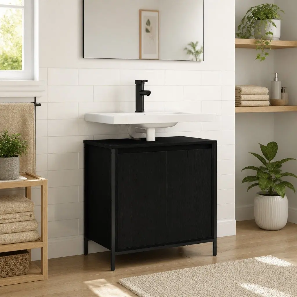 Bathroom Vanity Cabinet Black 60cm Engineered Wood 2 Storage Compartments