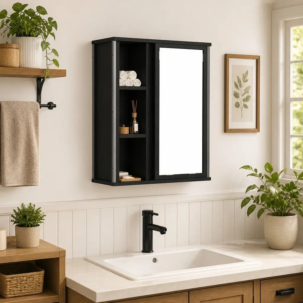 Bathroom Cabinet with Mirror Black Oak Wall-Mounted Storage Unit 50W x 21D x 60H cm