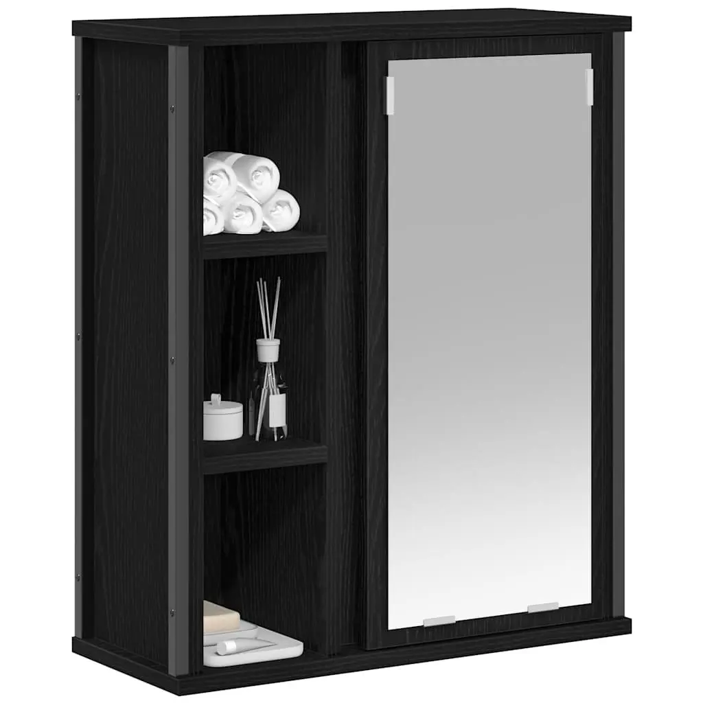 Bathroom Cabinet with Mirror Black Oak Wall-Mounted Storage Unit 50W x 21D x 60H cm