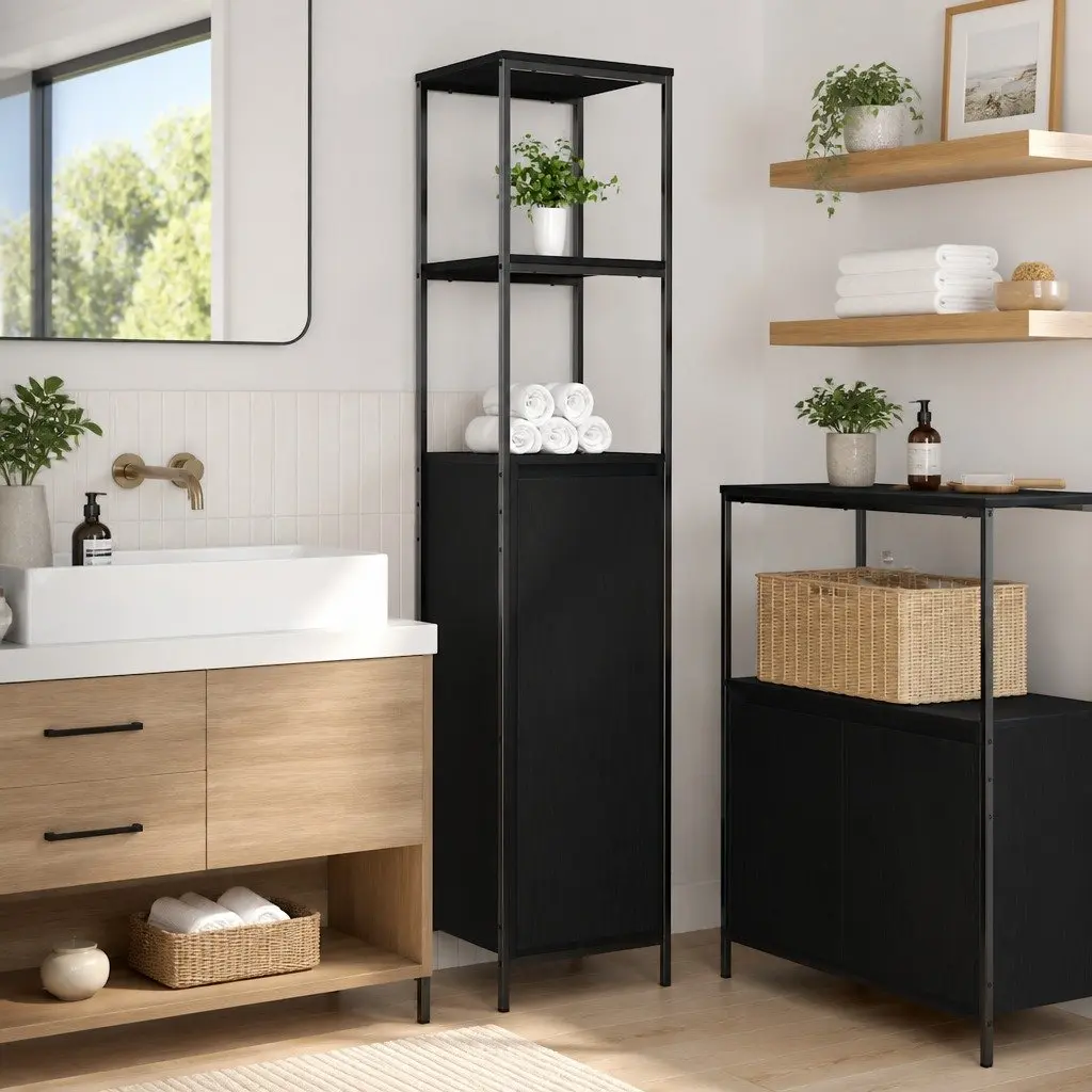 Bathroom Cabinet Black Oak Storage Shelves 36x35x165cm