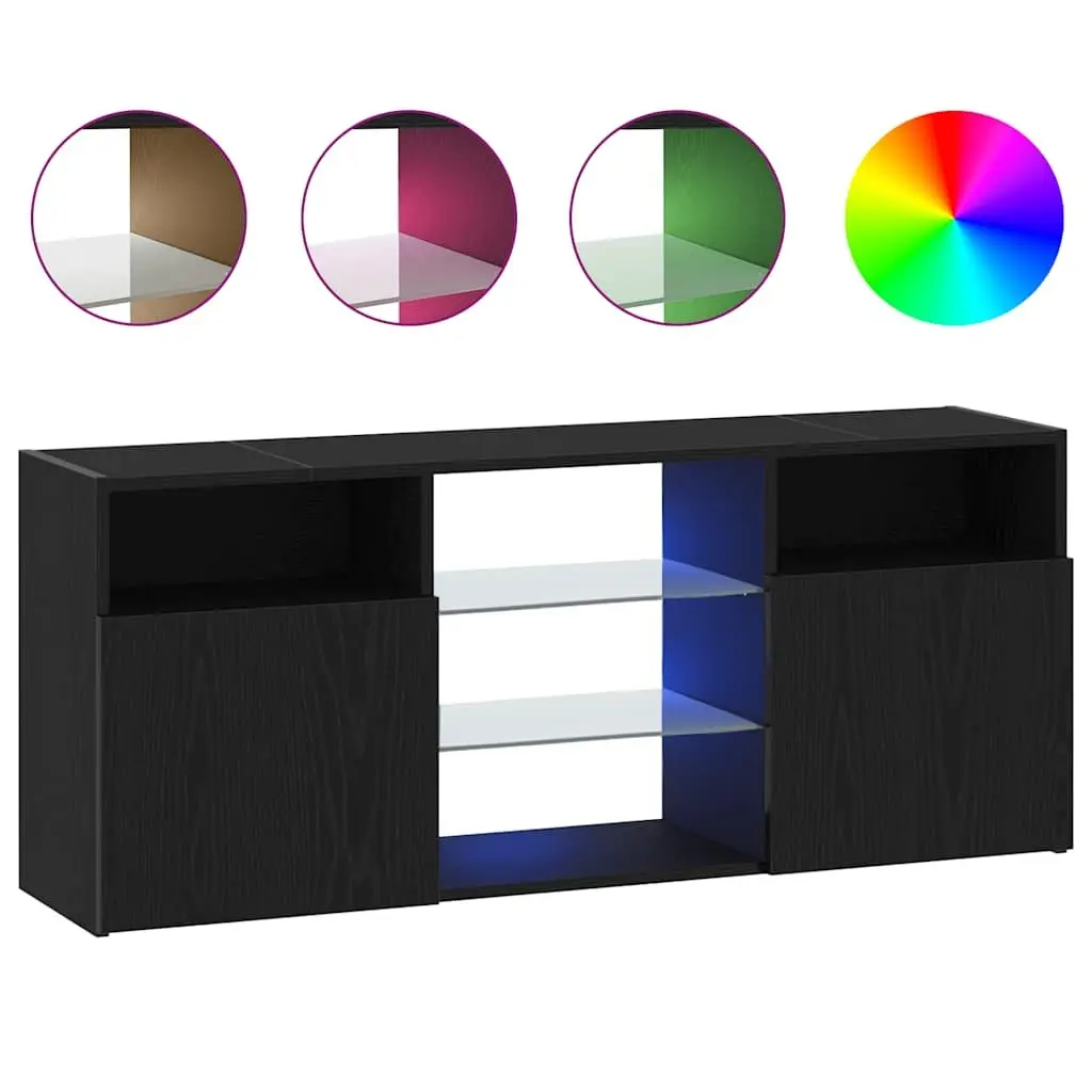 TV Cabinet RGB LED Lights Black Oak Engineered Wood Storage Unit 120W x 30D x 50H cm