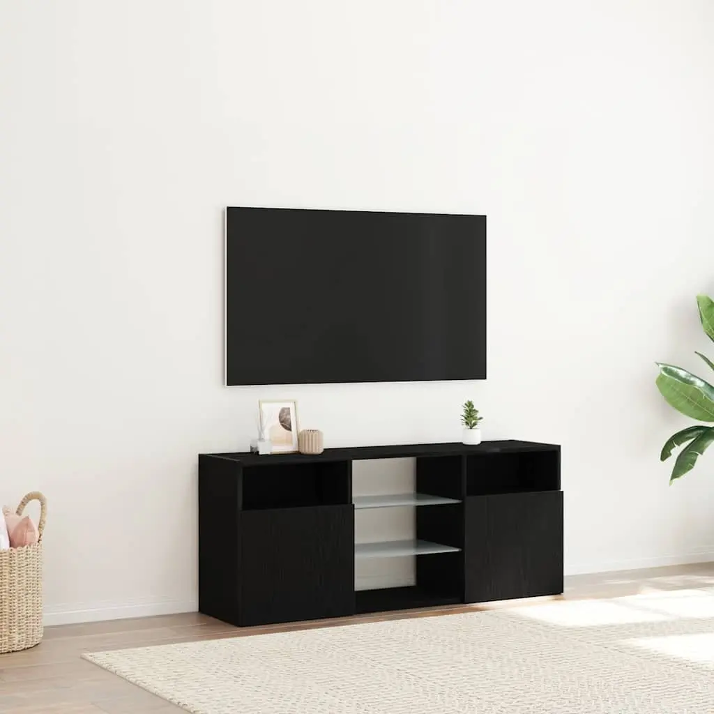 TV Cabinet RGB LED Lights Black Oak Engineered Wood Storage Unit 120W x 30D x 50H cm