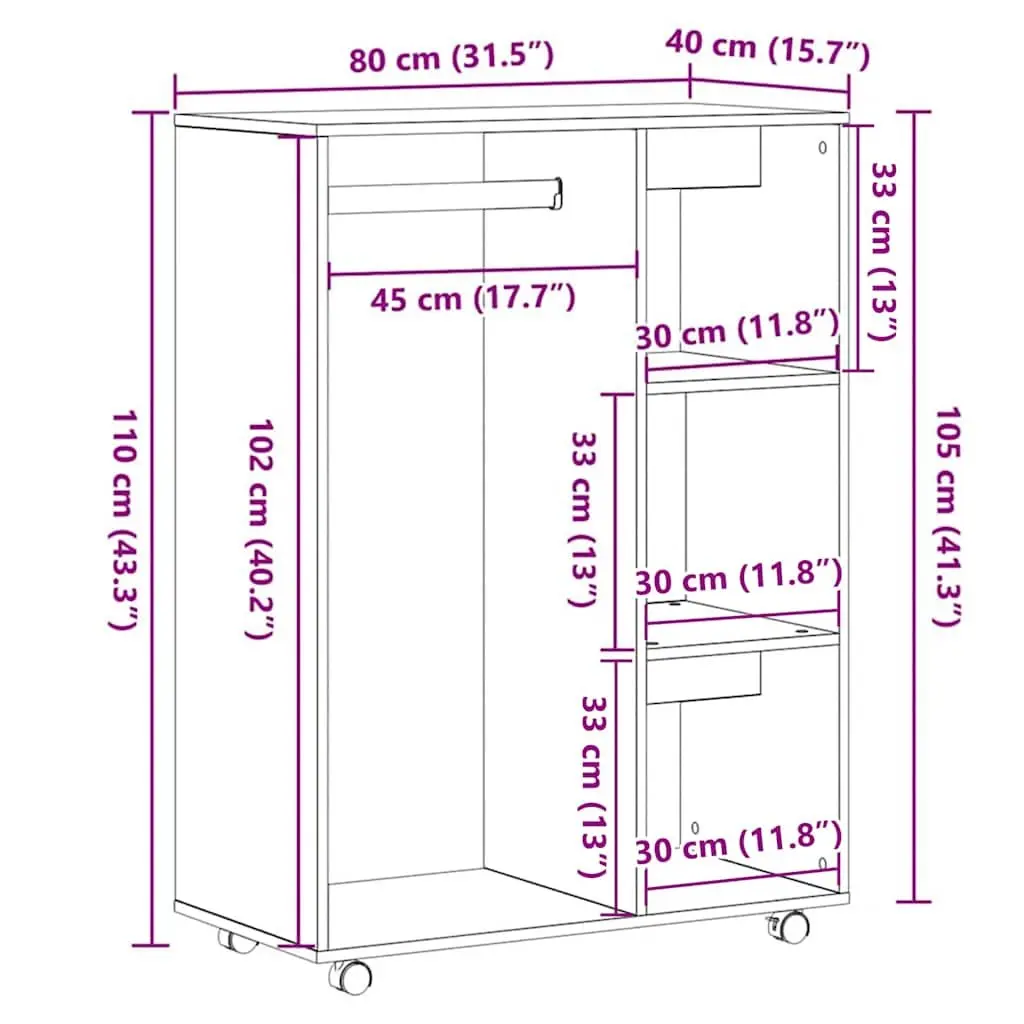 Wardrobe Black Oak Engineered Wood 80x40x110 cm Storage Cabinet Cupboard