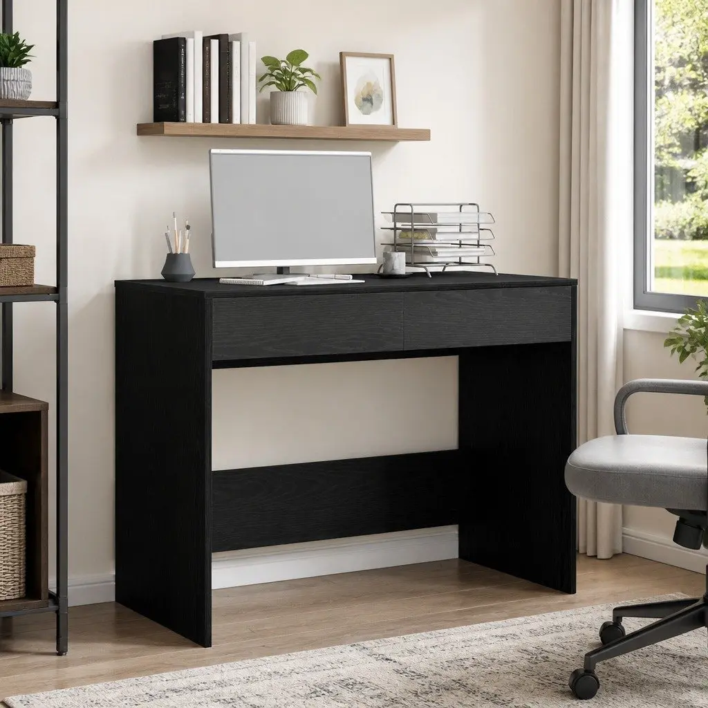 Office Desk Black Oak 2 Drawers Storage 101x50x76.5cm