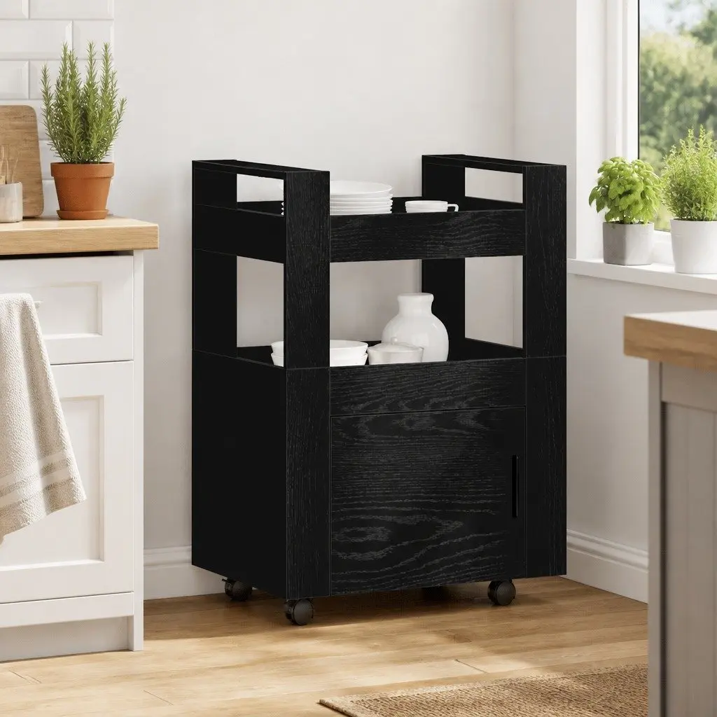 Kitchen Trolley Black Oak Rolling Storage Cart 60 x 45 x 80 cm Engineered Wood