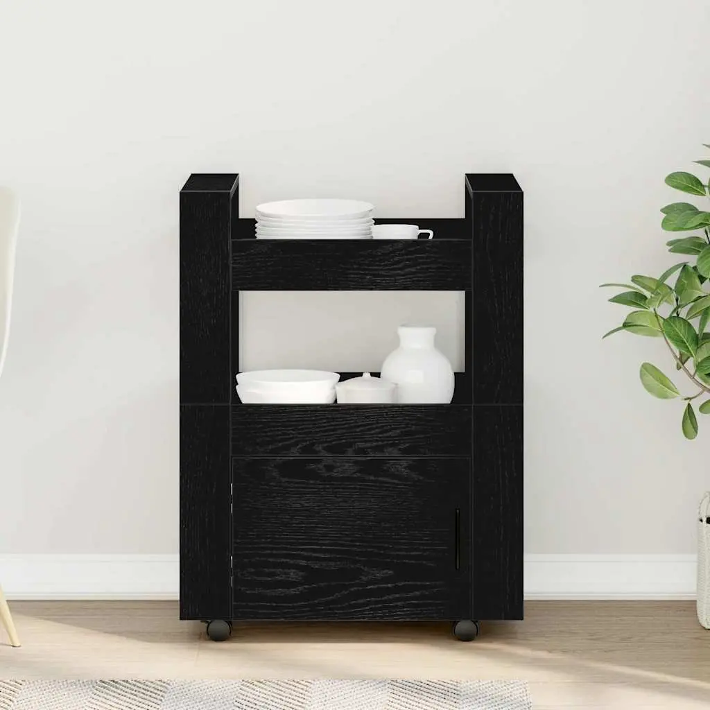Kitchen Trolley Black Oak Rolling Storage Cart 60 x 45 x 80 cm