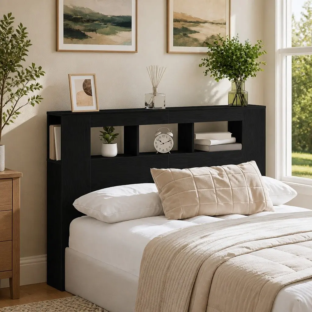 LED Headboard Black Engineered Wood Bedroom Furniture Storage Shelf Multicolour