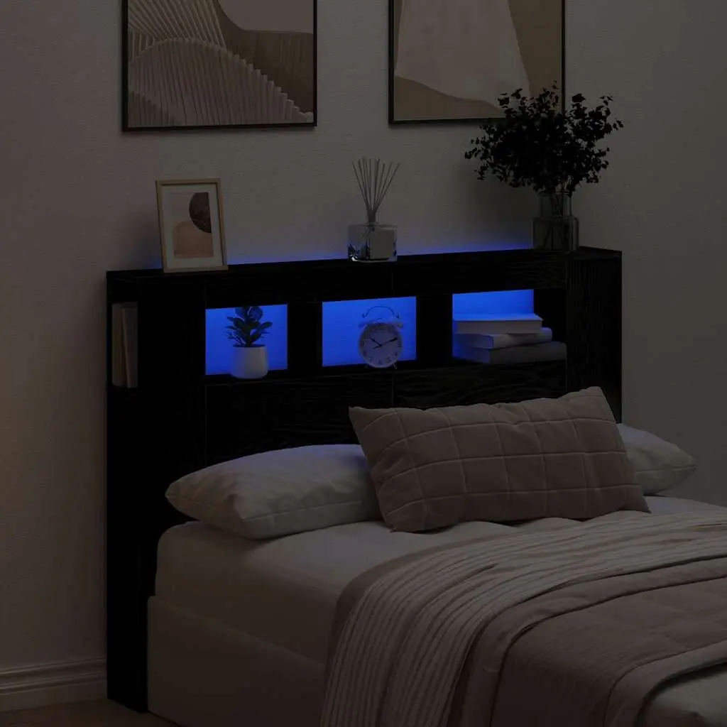 LED Headboard Black Engineered Wood Bedroom Furniture Storage Shelf Multicolour