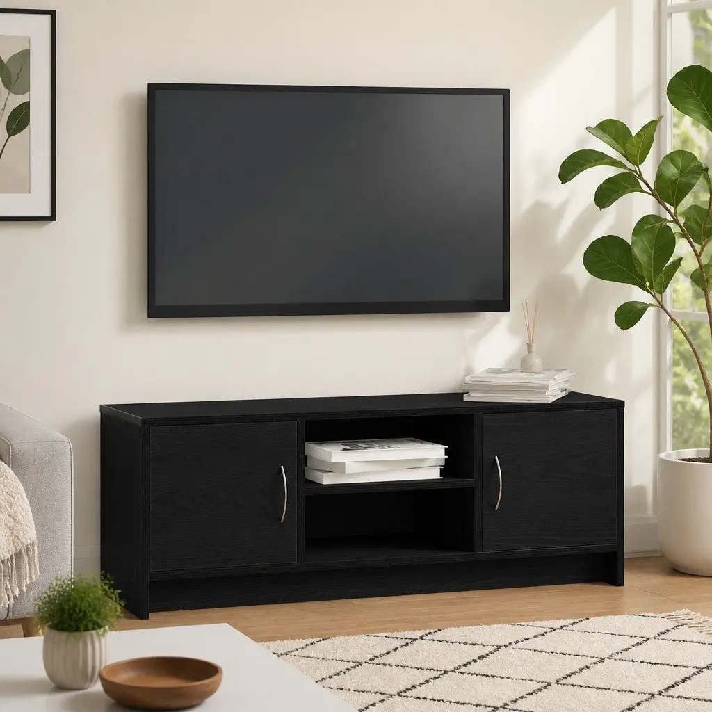 TV Cabinet Black Oak Media Storage Unit with Doors 102x30x37.5cm