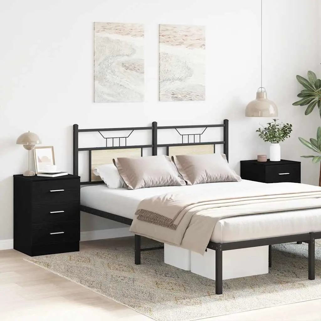 Bedside Cabinets Black Engineered Wood 2 Piece Nightstand Storage 38x35x55 cm
