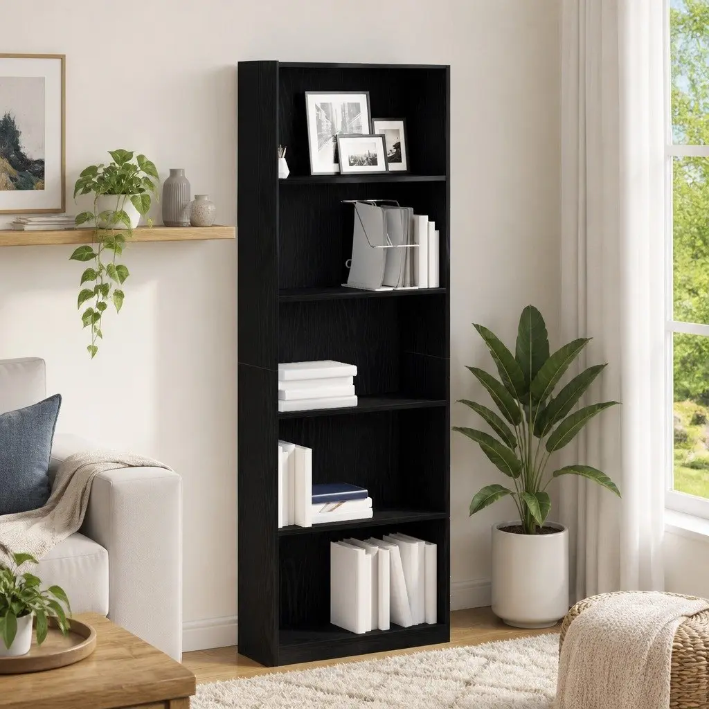 Bookshelf Freestanding Black Oak Modern Storage Unit 60 x 24 x 176 cm