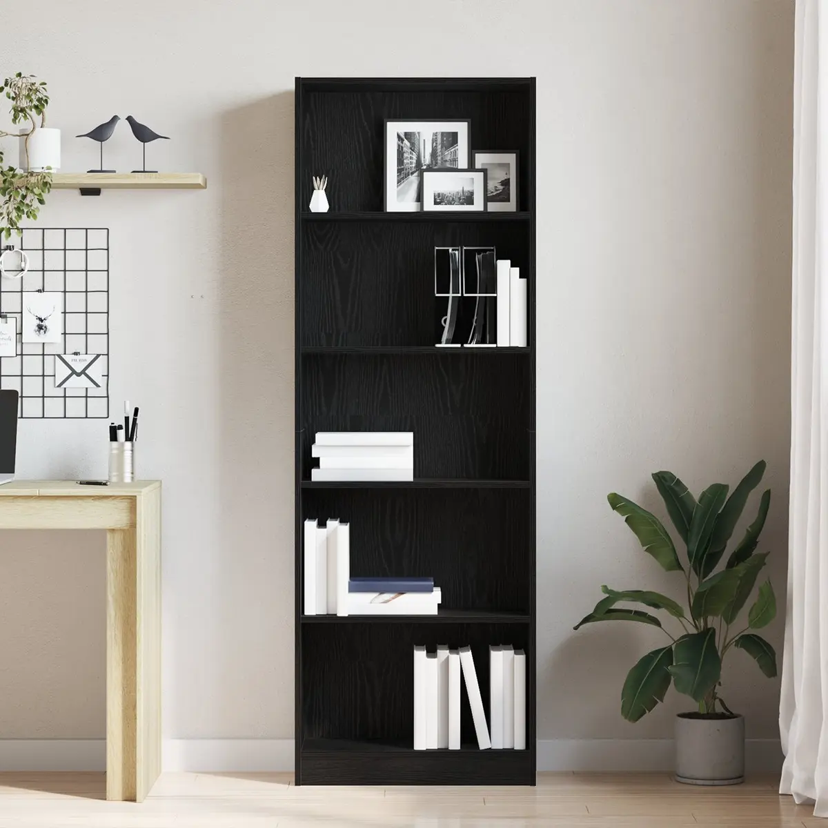 Bookshelf Freestanding Black Oak Modern Storage Unit 60 x 24 x 176 cm
